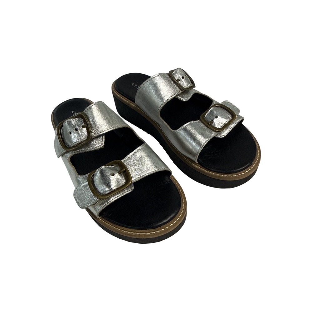 NWOT Ateliers Silver Metallic Double Buckle Platform Slide Sandal EU 37‎ US 6.5